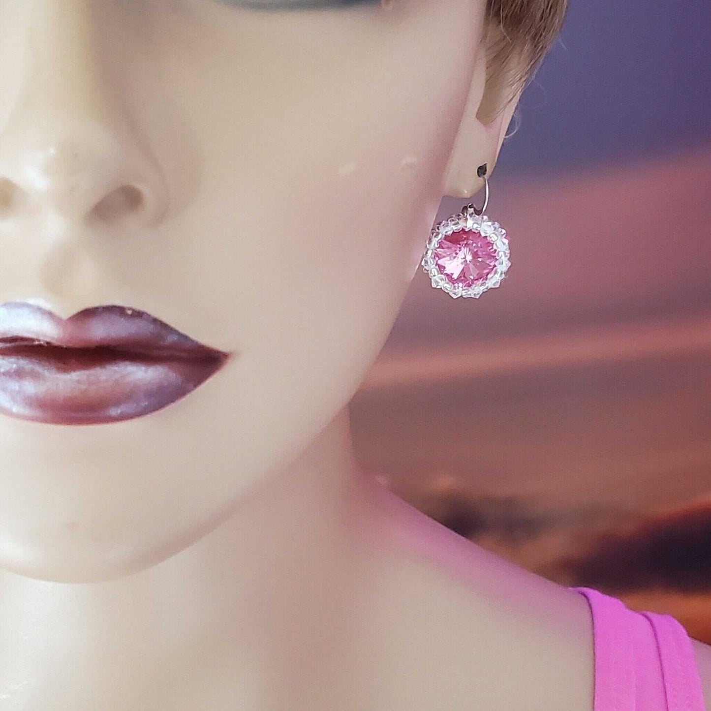 Handmade Beaded Bezel Pink Crystal Halo Earrings Swarovski
