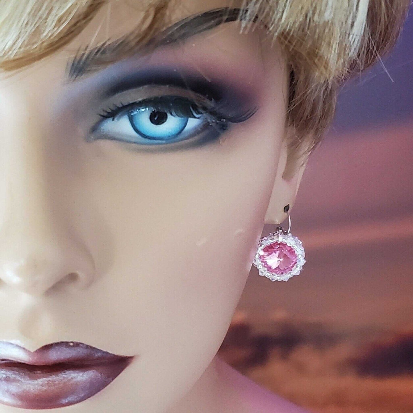 Handmade Beaded Bezel Pink Crystal Halo Earrings Swarovski