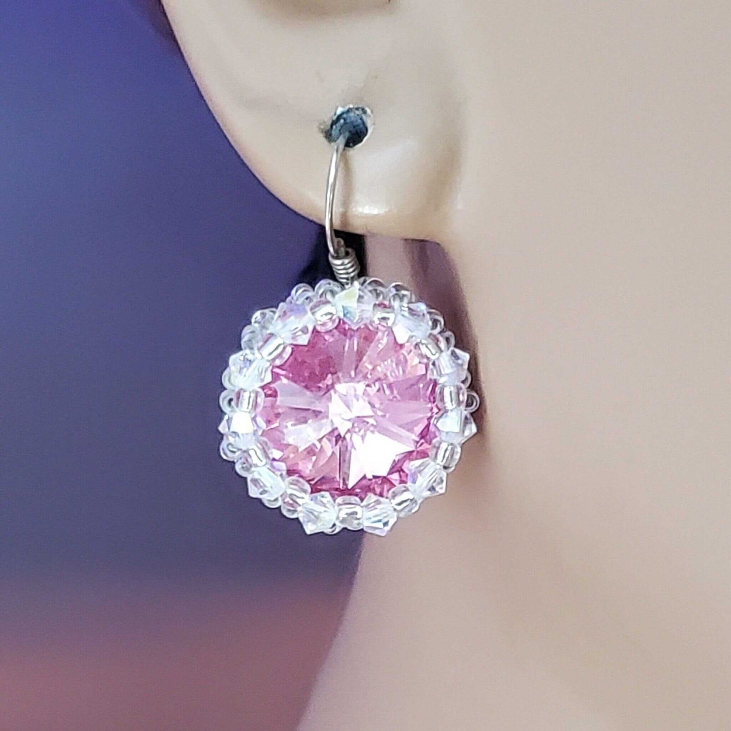 Handmade Beaded Bezel Pink Crystal Halo Earrings Swarovski