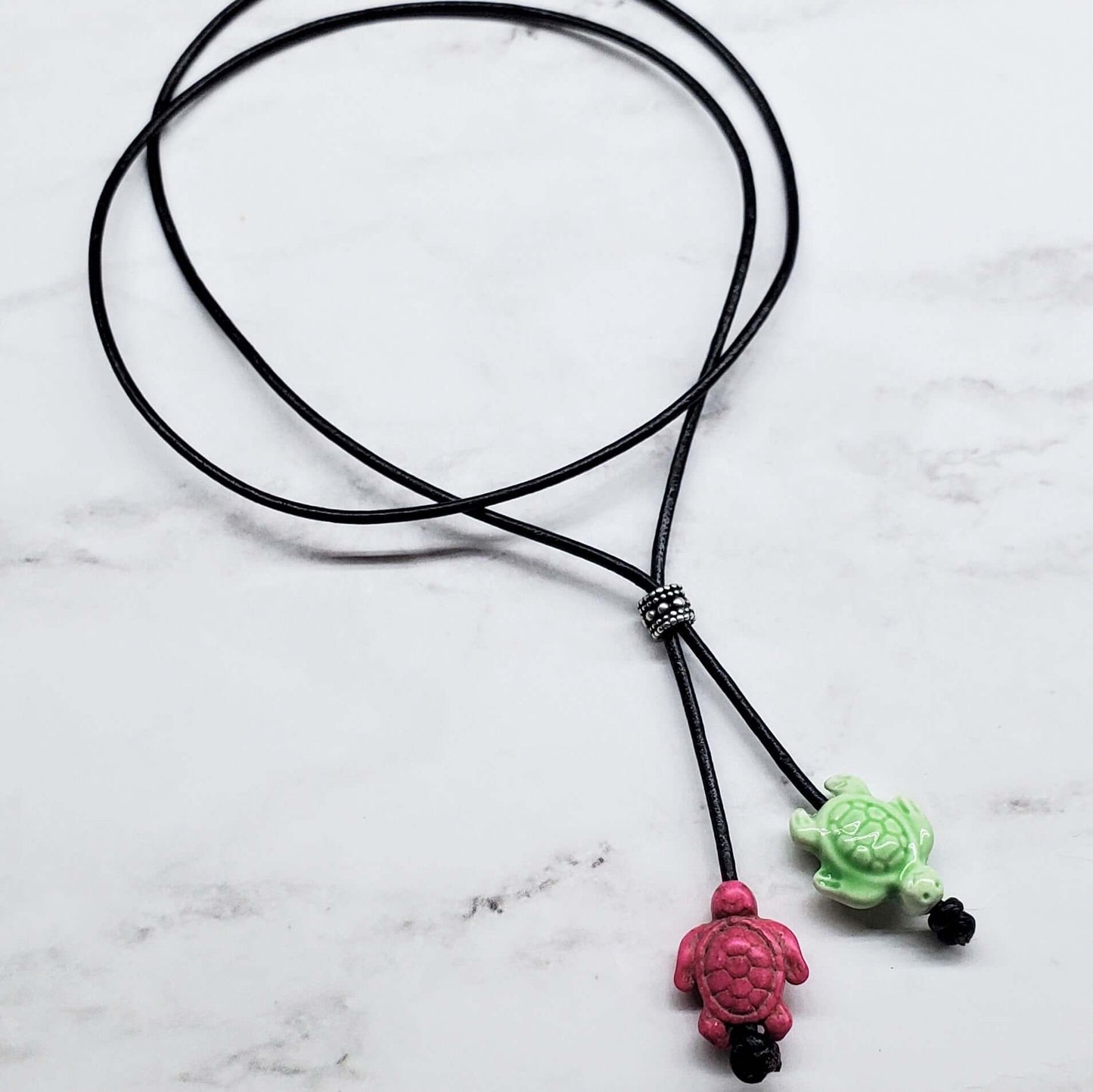 Black Leather Colored Ceramic Talking Turtle Bolo Necklace Handmade