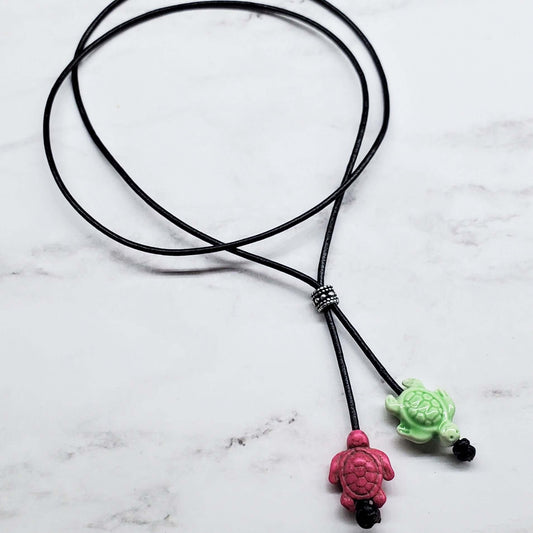 Black Leather Colored Ceramic Talking Turtle Bolo Necklace Handmade