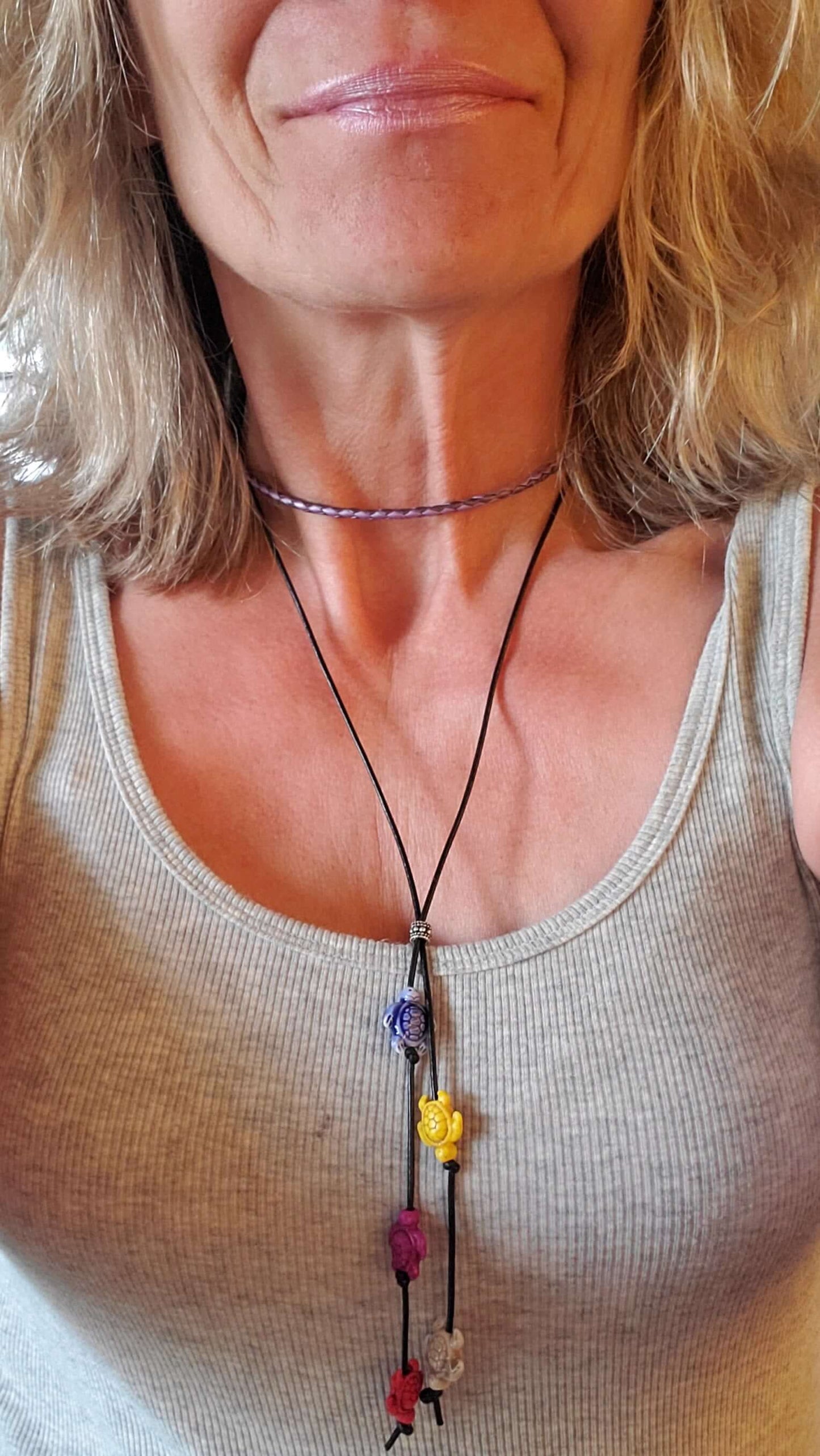 Black Leather Colored Ceramic Talking Turtle Bolo Necklace Handmade
