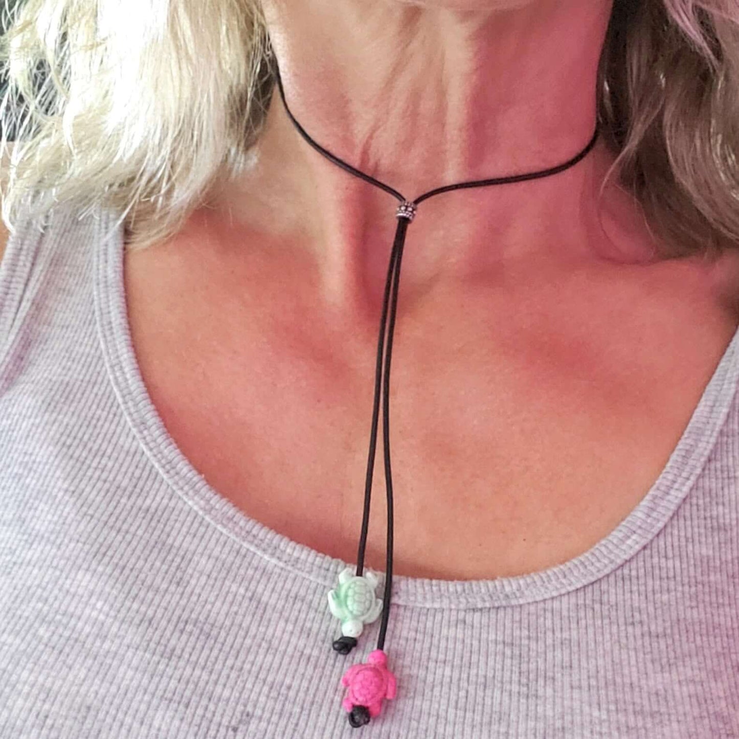 Black Leather Colored Ceramic Talking Turtle Bolo Necklace Handmade