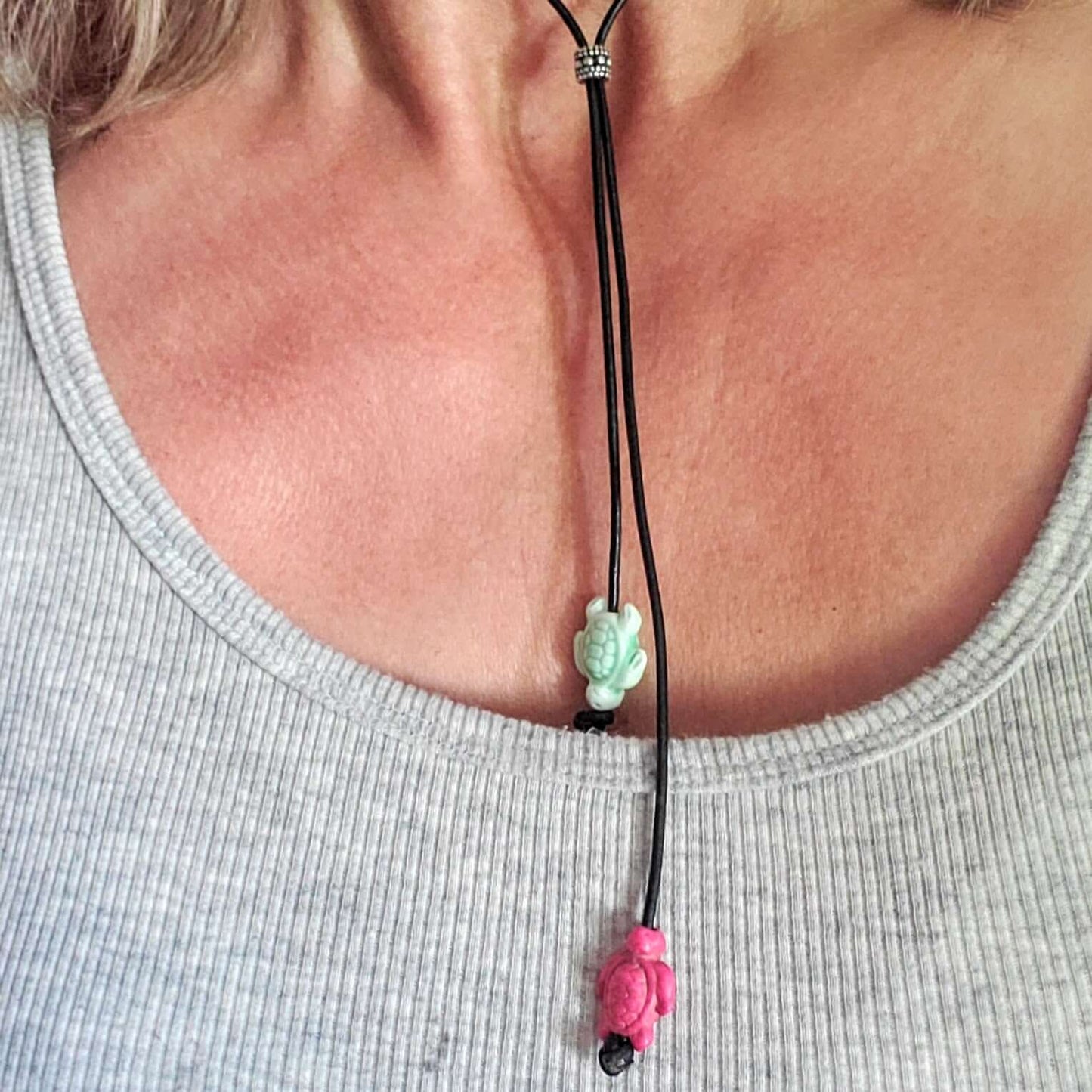 Black Leather Colored Ceramic Talking Turtle Bolo Necklace Handmade