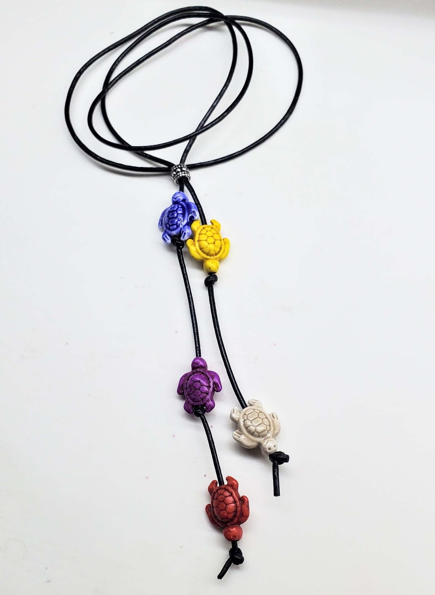 Black Leather Colored Ceramic Talking Turtle Bolo Necklace Handmade