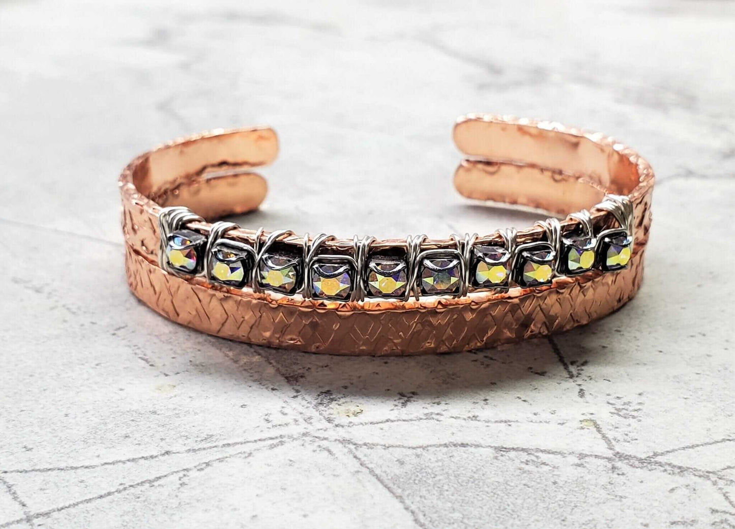 Handmade Rhinestone Wrapped Hammered Texture Crystal Bling Bangles Alexa Martha