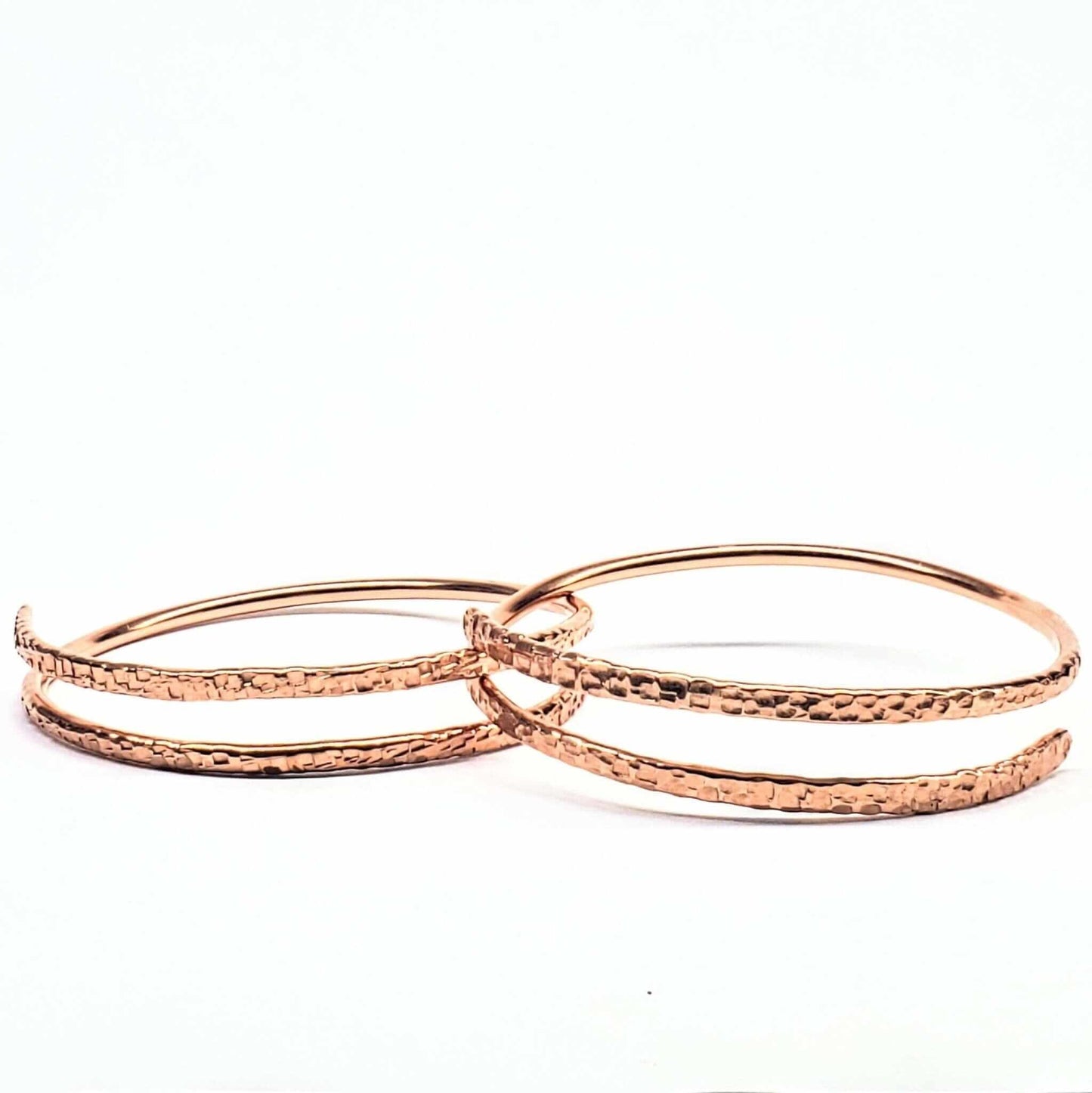 Handmade Hammer Textured Copper Bangle Set 2 Piece Interlocking Full Overlap