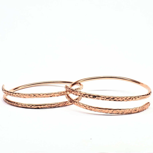 Handmade Hammer Textured Copper Bangle Set 2 Piece Interlocking Full Overlap