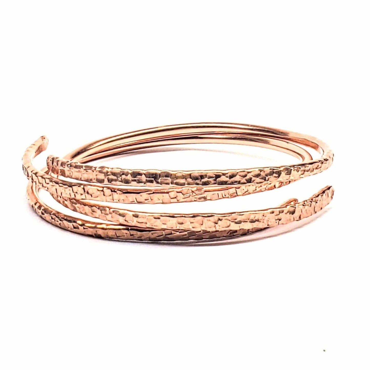 Handmade Hammer Textured Copper Bangle Set 2 Piece Interlocking Full Overlap