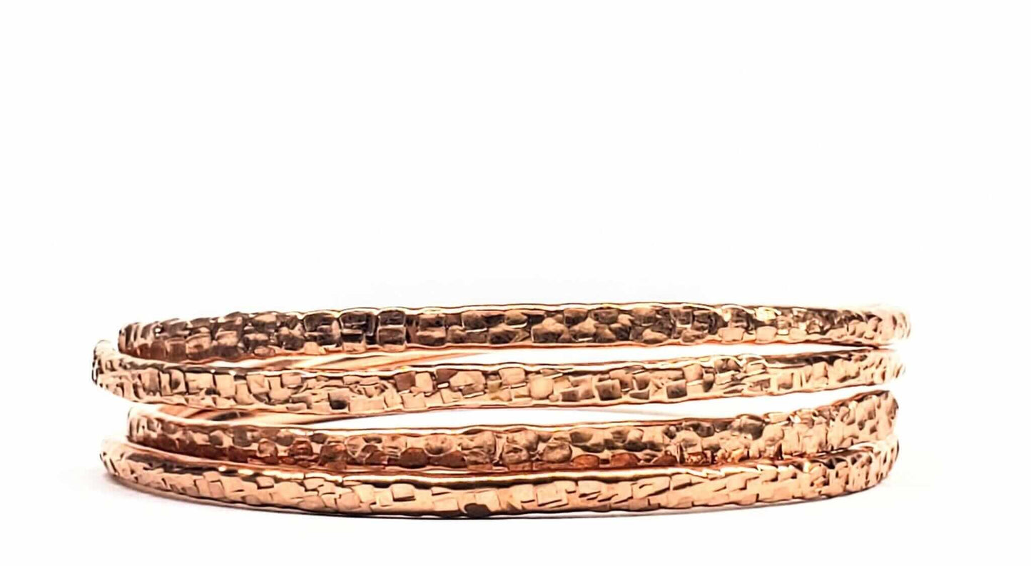 Handmade Hammer Textured Copper Bangle Set 2 Piece Interlocking Full Overlap