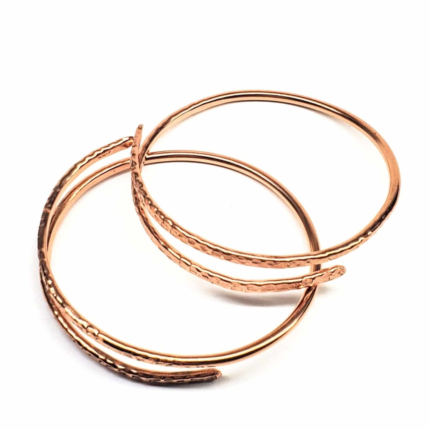 Handmade Hammer Textured Copper Bangle Set 2 Piece Interlocking Full Overlap