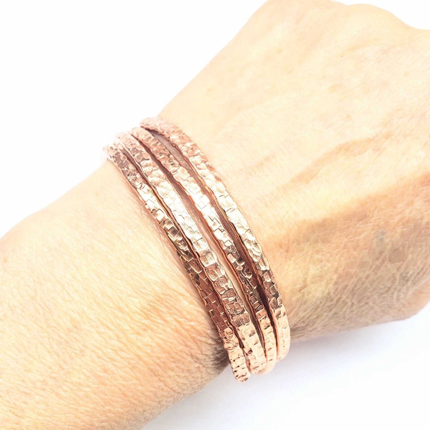 Handmade Hammer Textured Copper Bangle Set 2 Piece Interlocking Full Overlap
