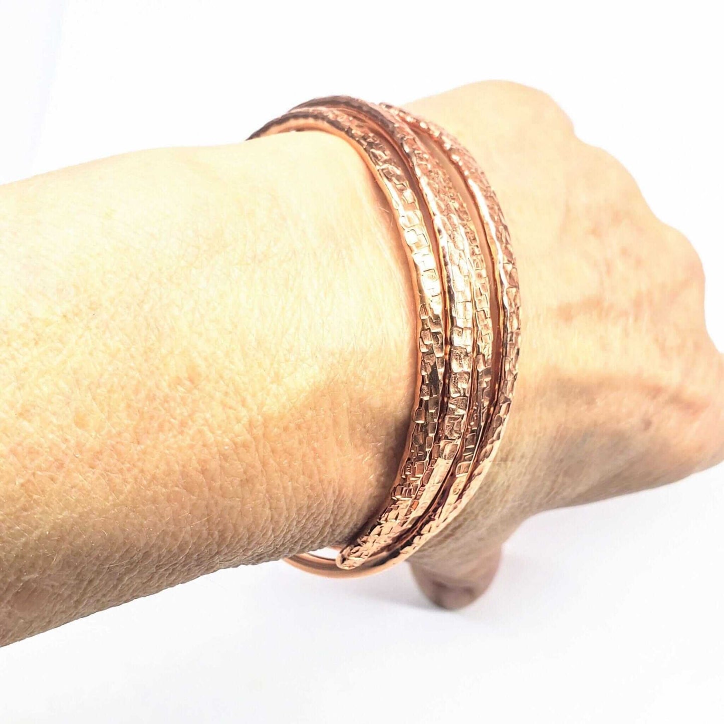 Handmade Hammer Textured Copper Bangle Set 2 Piece Interlocking Full Overlap