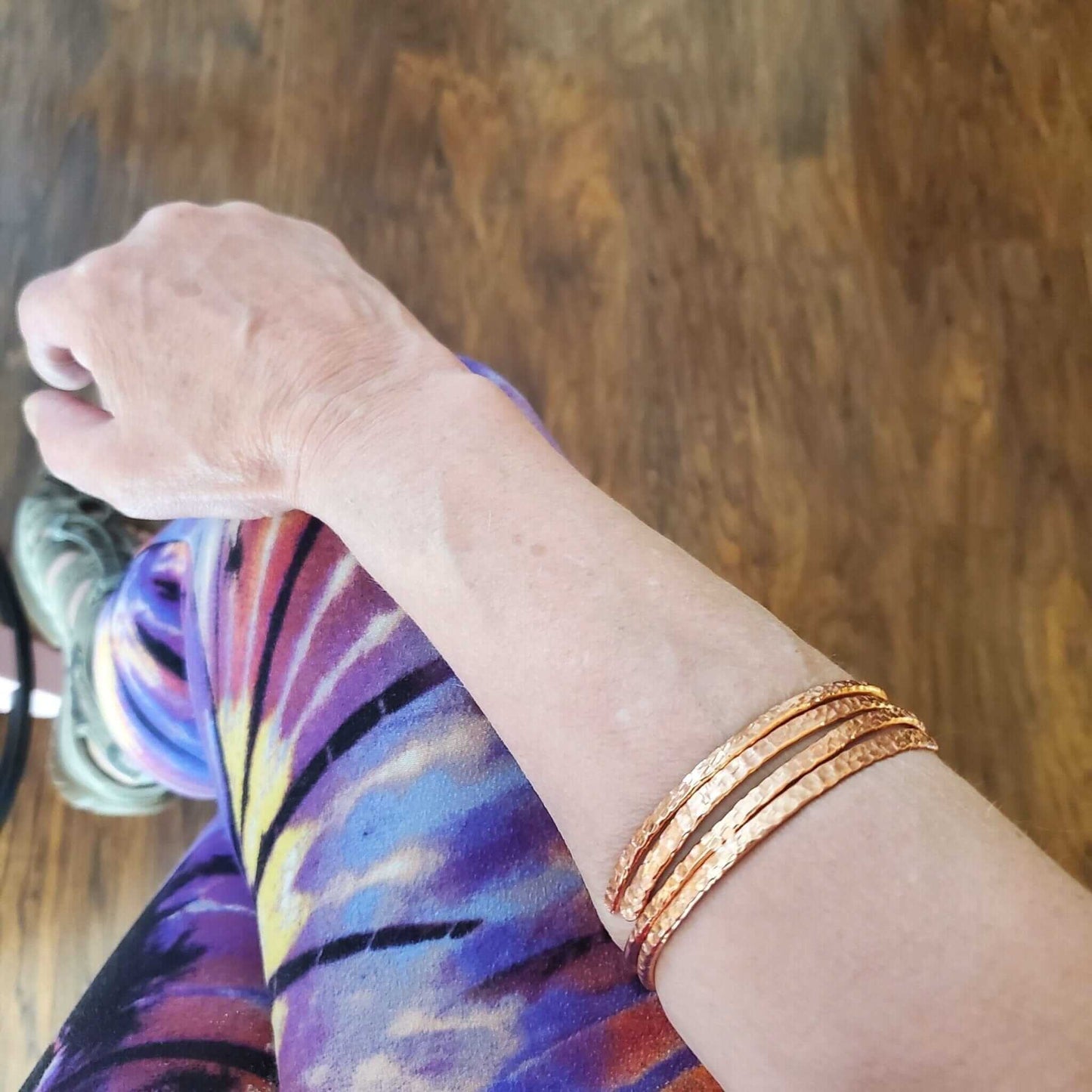 Handmade Hammer Textured Copper Bangle Set 2 Piece Interlocking Full Overlap
