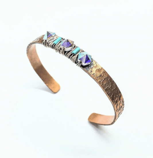 Handmade Hammer Textured Wire Wrapped Crystal Spike Bead Turquoise Tube Copper Cuff