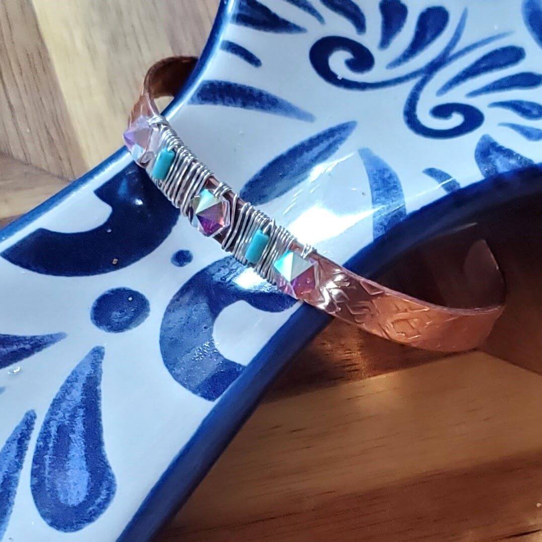 Handmade Hammer Textured Wire Wrapped Crystal Spike Bead Turquoise Tube Copper Cuff