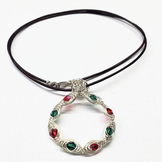 Red Green Crystal Holiday Wreath Necklace Handmade Limited Edition Alexa Martha Designs