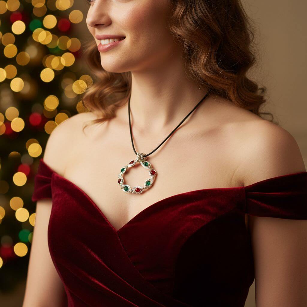 Red Green Crystal Holiday Wreath Necklace Handmade Limited Edition Alexa Martha Designs