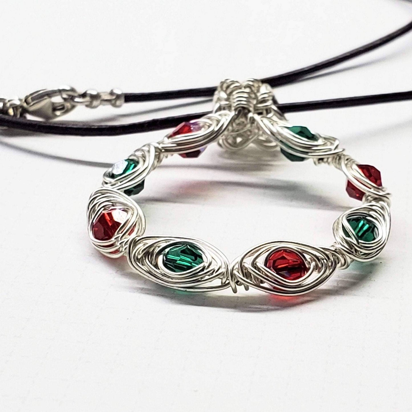 Red Green Crystal Holiday Wreath Necklace Handmade Limited Edition Alexa Martha Designs