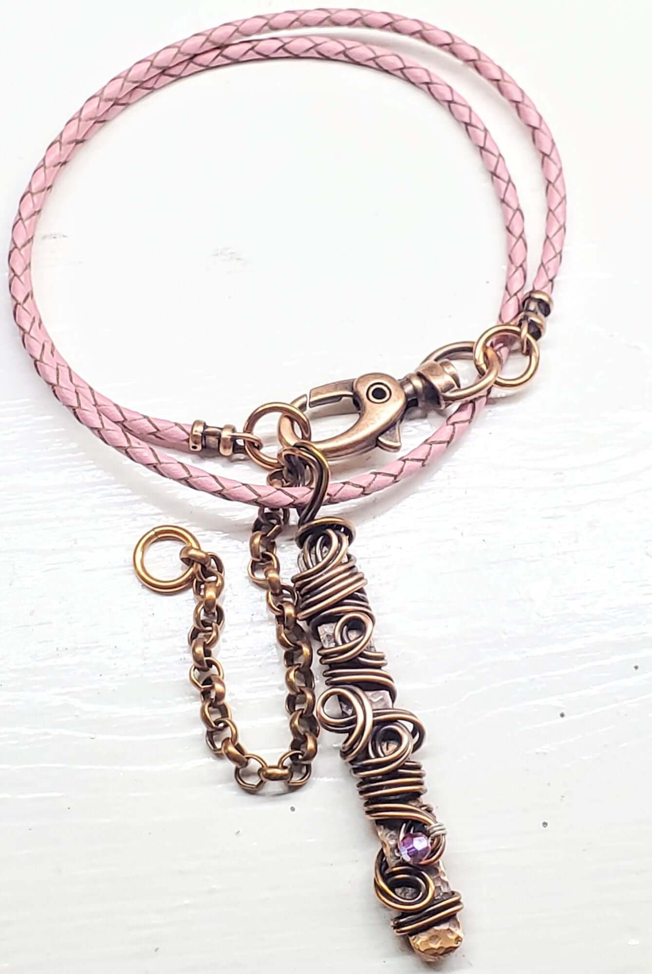 Pink Crystal Copper Bar Pendant Necklace Wire Sculpted Ribbon Handmade
