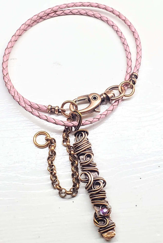 Pink Crystal Copper Bar Pendant Necklace Wire Sculpted Ribbon Handmade