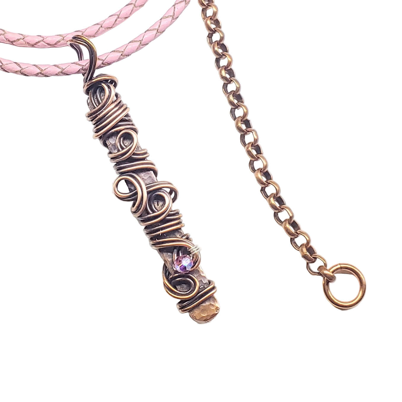 Pink Crystal Copper Bar Pendant Necklace Wire Sculpted Ribbon Handmade