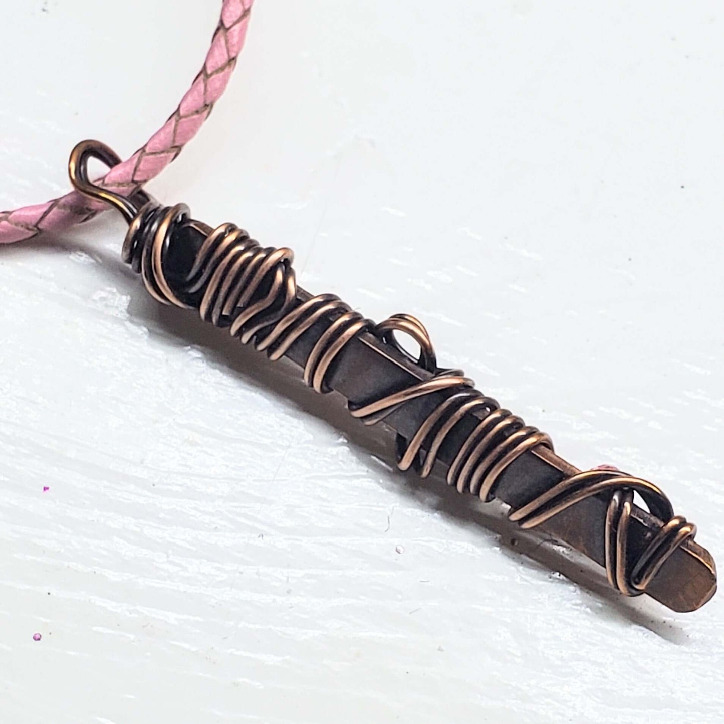 Pink Crystal Copper Bar Pendant Necklace Wire Sculpted Ribbon Handmade