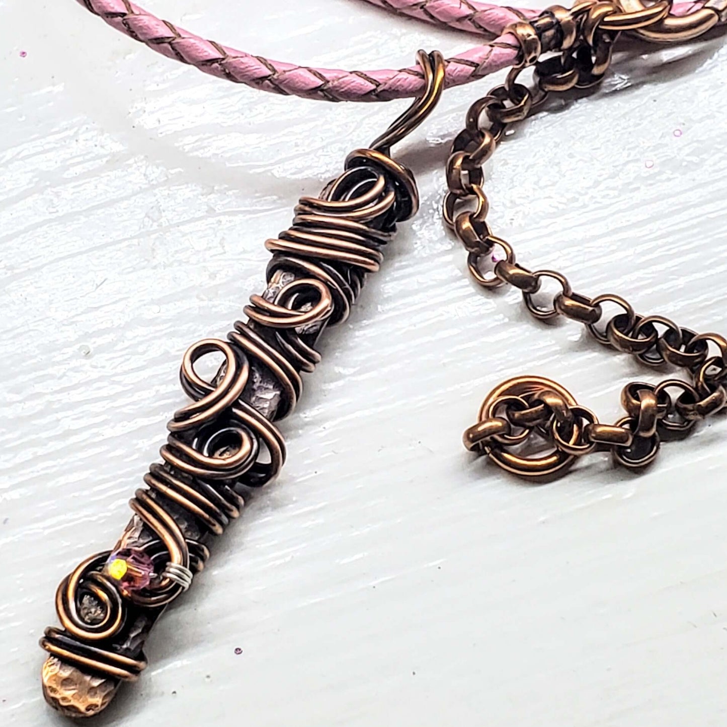 Pink Crystal Copper Bar Pendant Necklace Wire Sculpted Ribbon Handmade