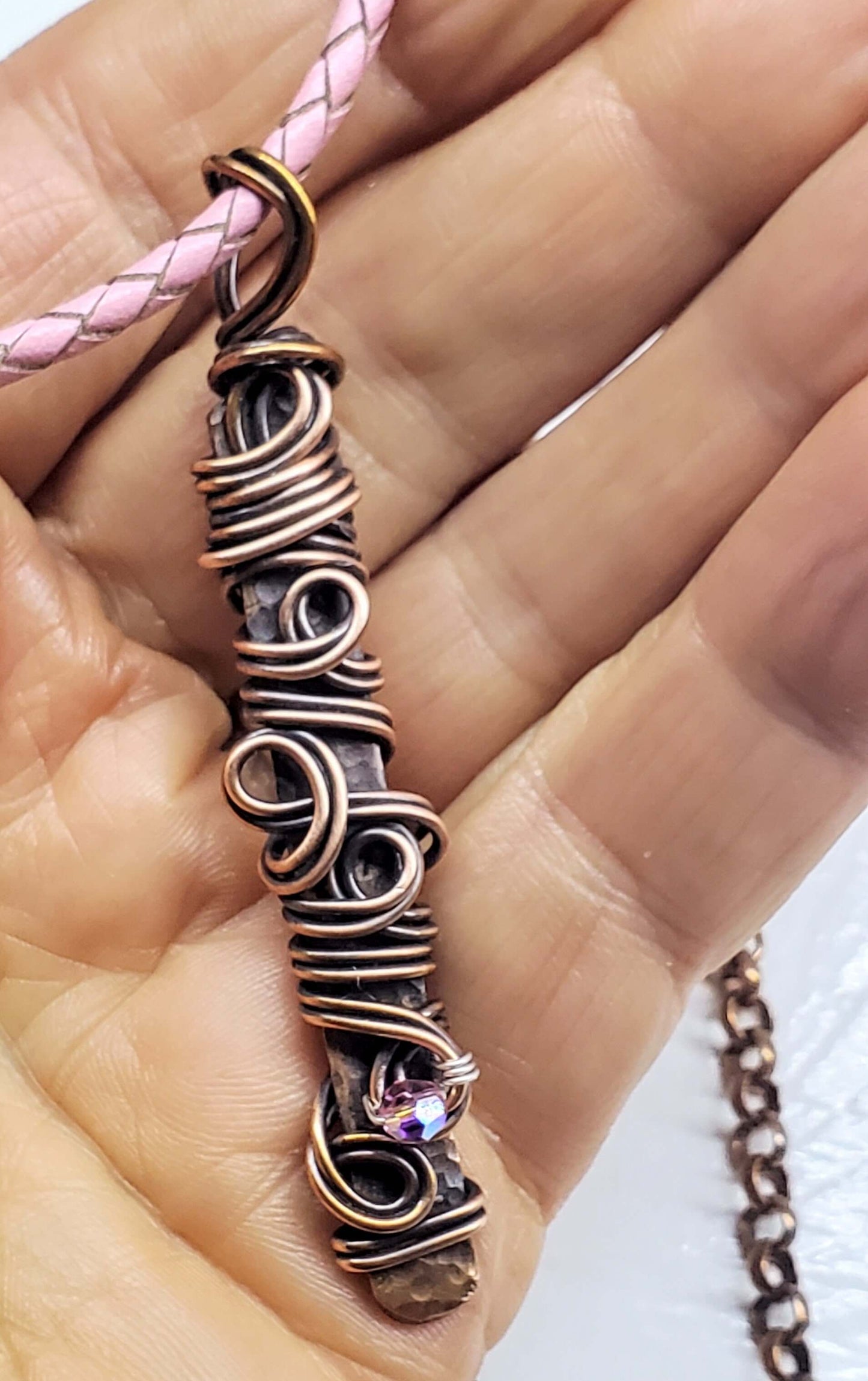 Pink Crystal Copper Bar Pendant Necklace Wire Sculpted Ribbon Handmade