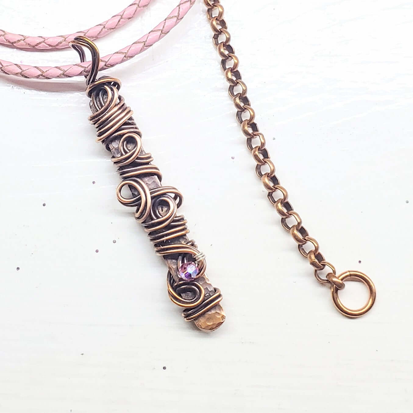 Pink Crystal Copper Bar Pendant Necklace Wire Sculpted Ribbon Handmade