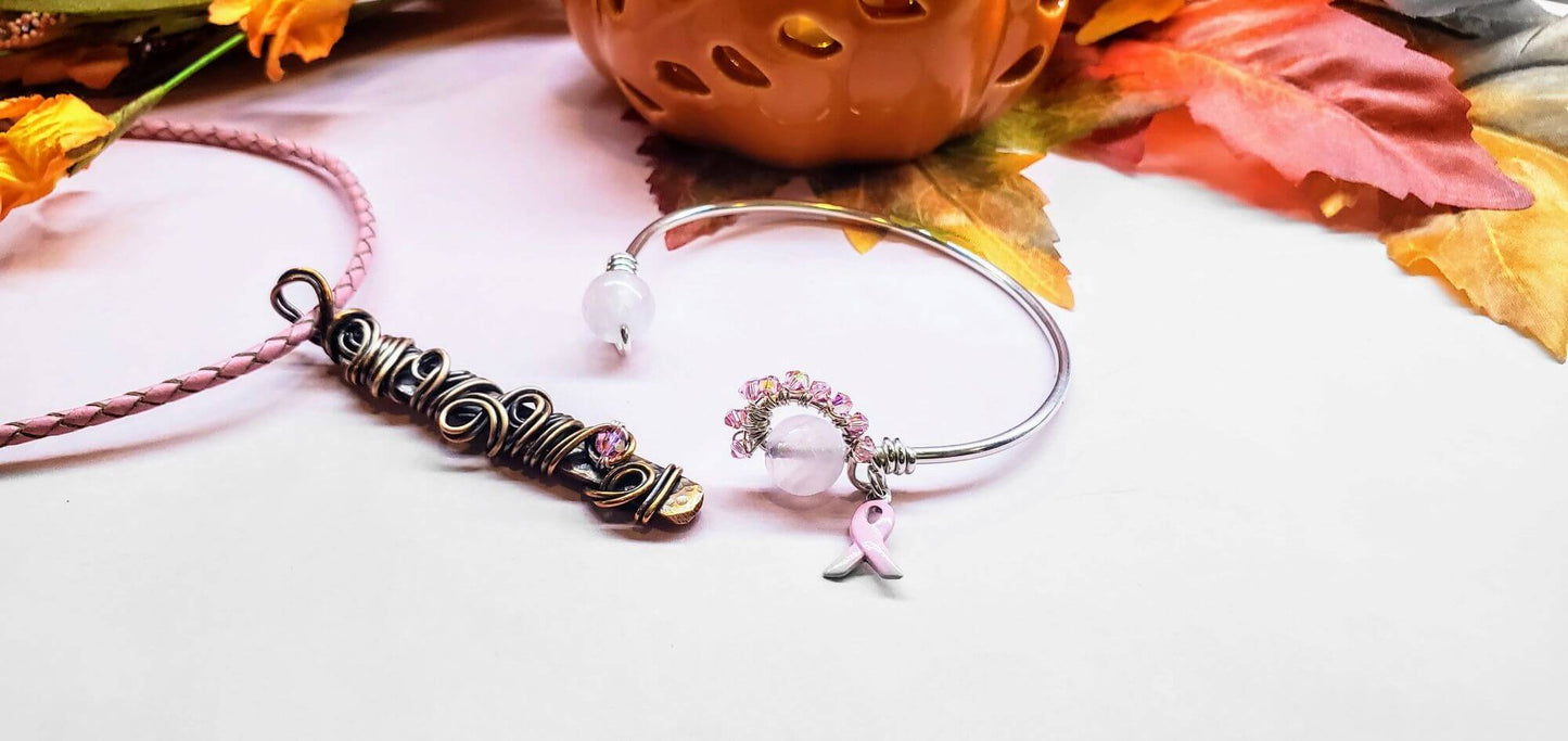 Pink Crystal Copper Bar Pendant Necklace Wire Sculpted Ribbon Handmade