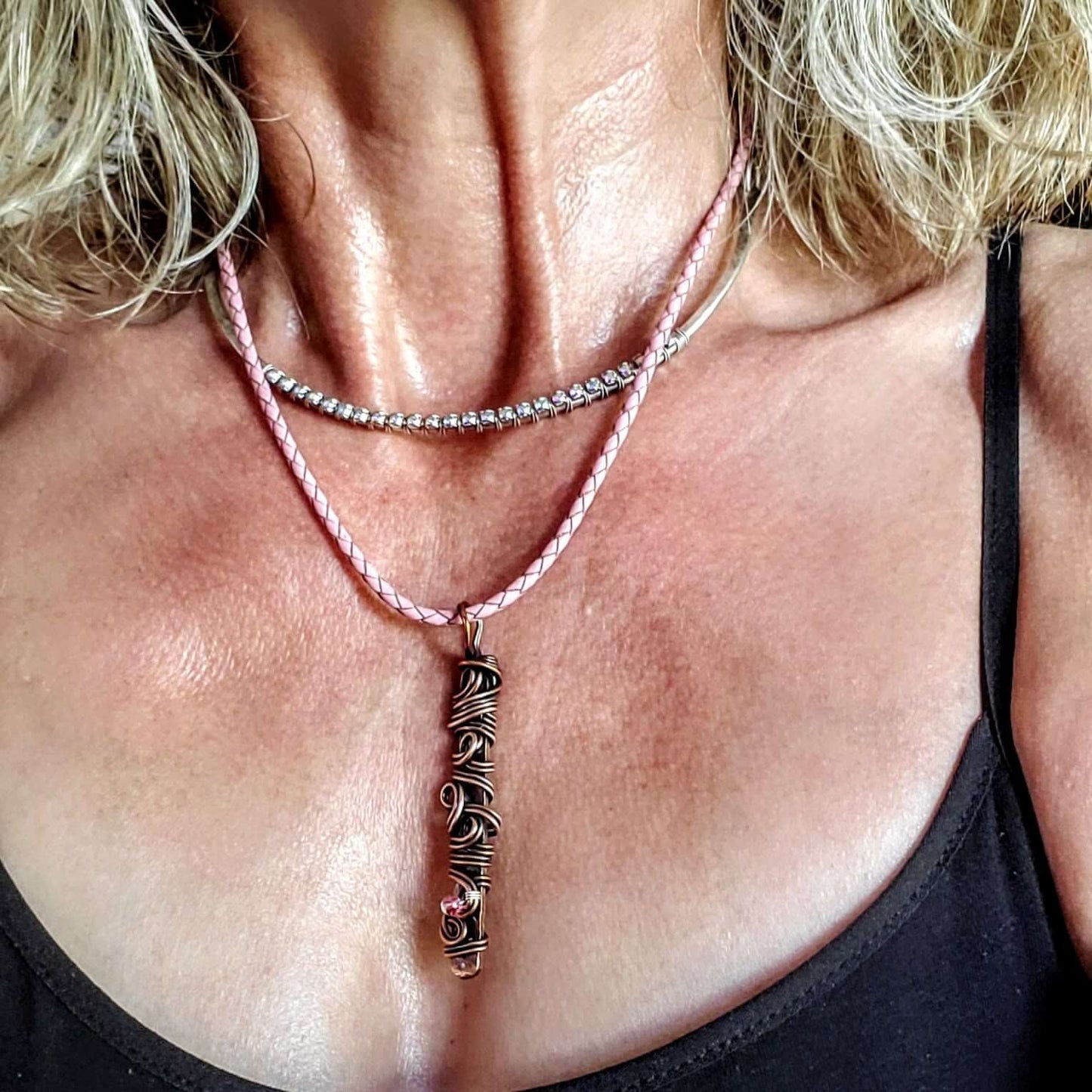 Pink Crystal Copper Bar Pendant Necklace Wire Sculpted Ribbon Handmade