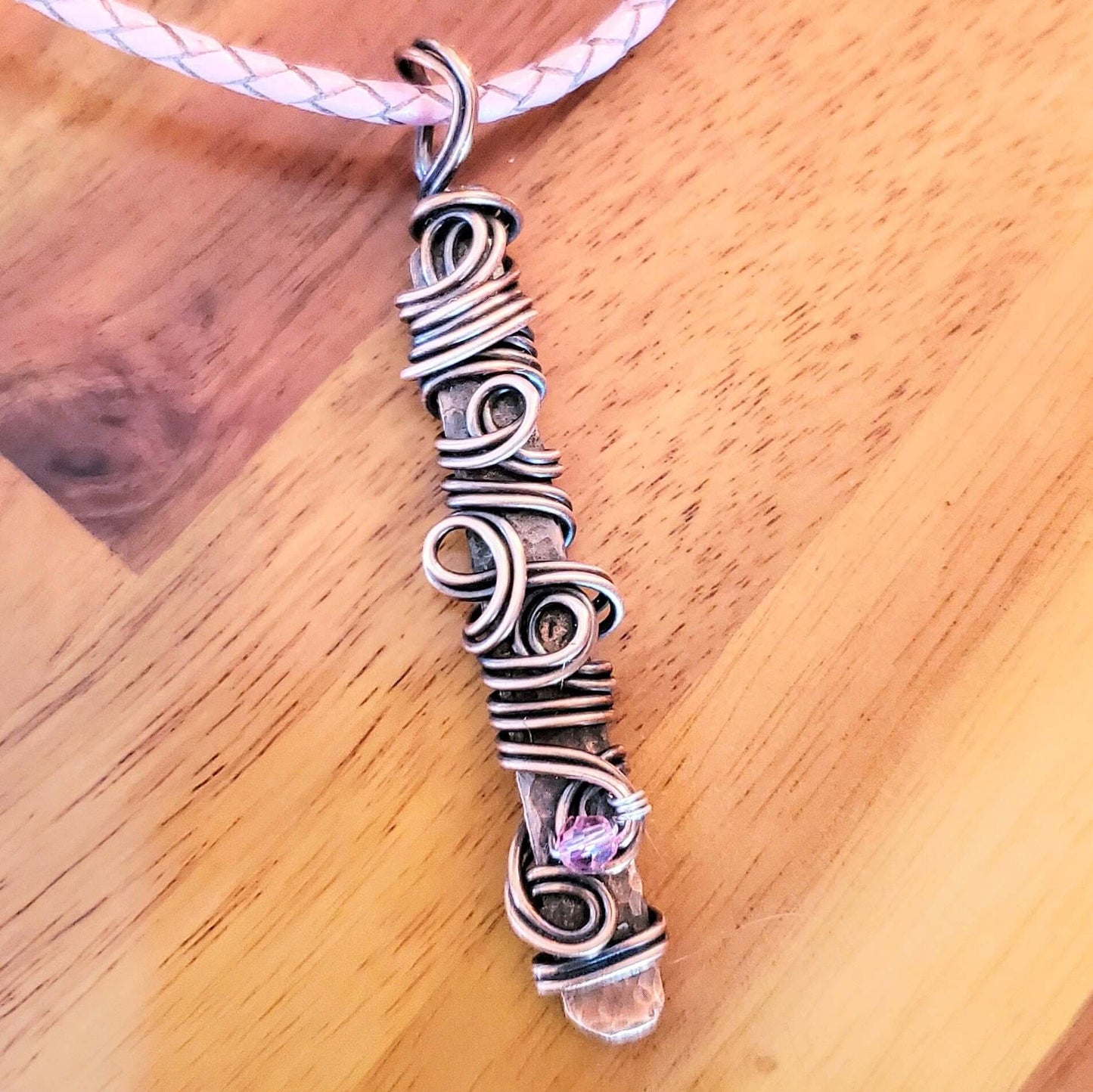 Pink Crystal Copper Bar Pendant Necklace Wire Sculpted Ribbon Handmade