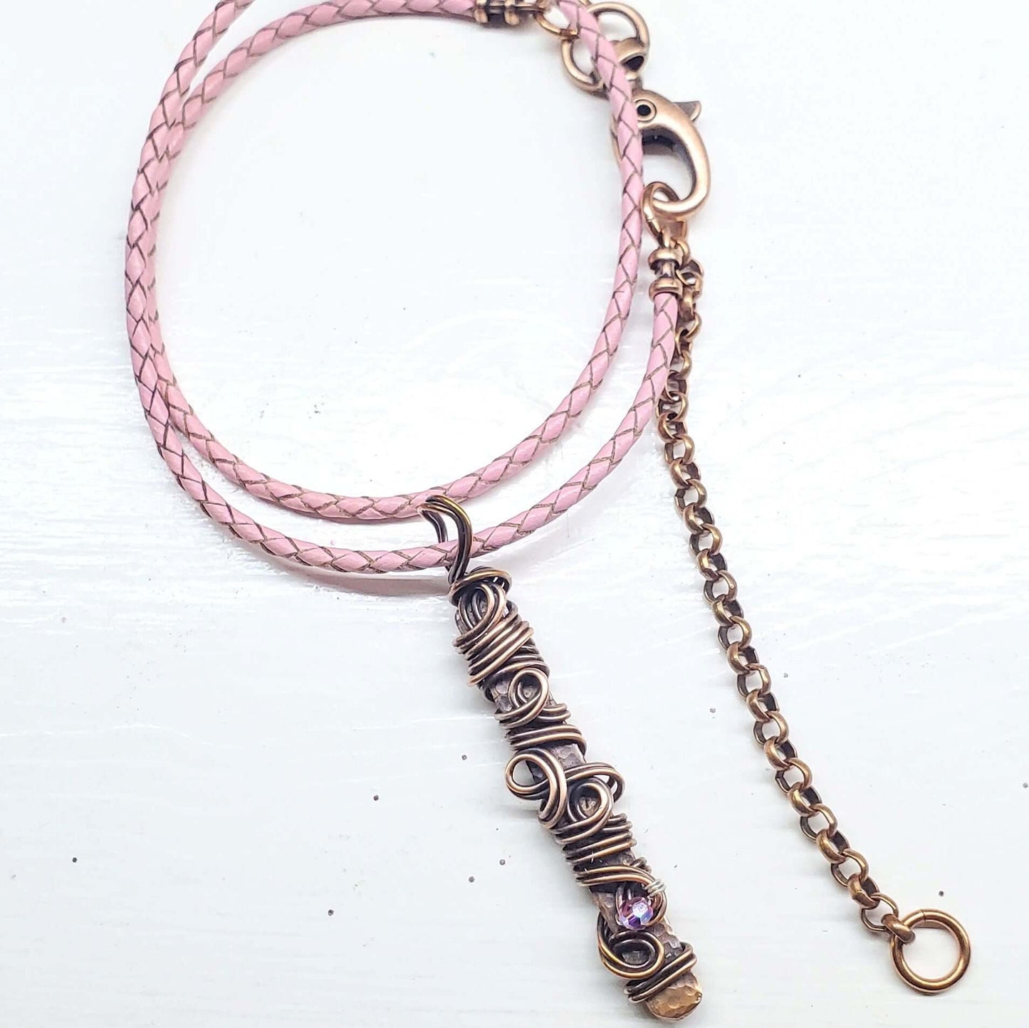 Pink Crystal Copper Bar Pendant Necklace Wire Sculpted Ribbon Handmade