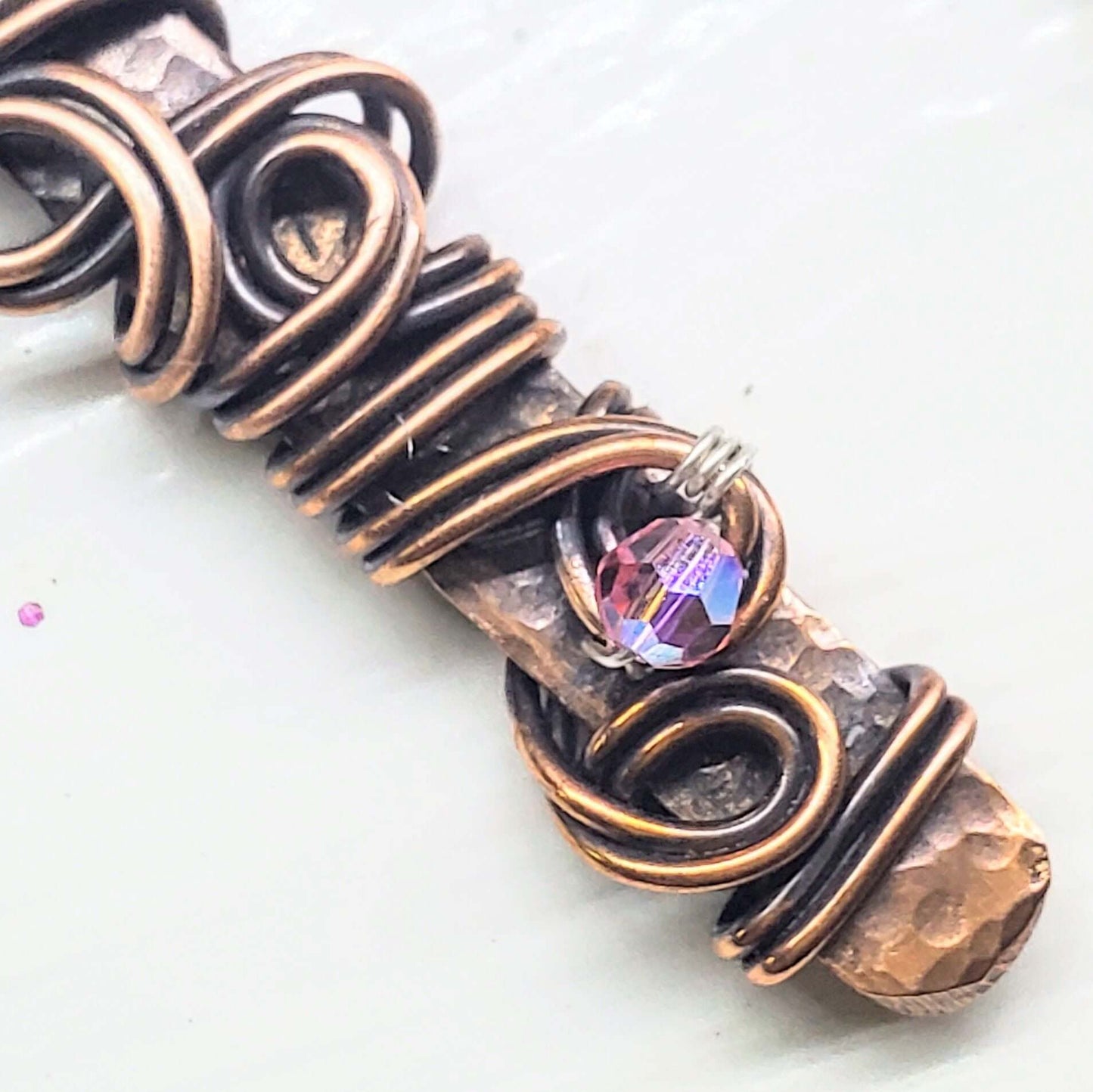 Pink Crystal Copper Bar Pendant Necklace Wire Sculpted Ribbon Handmade