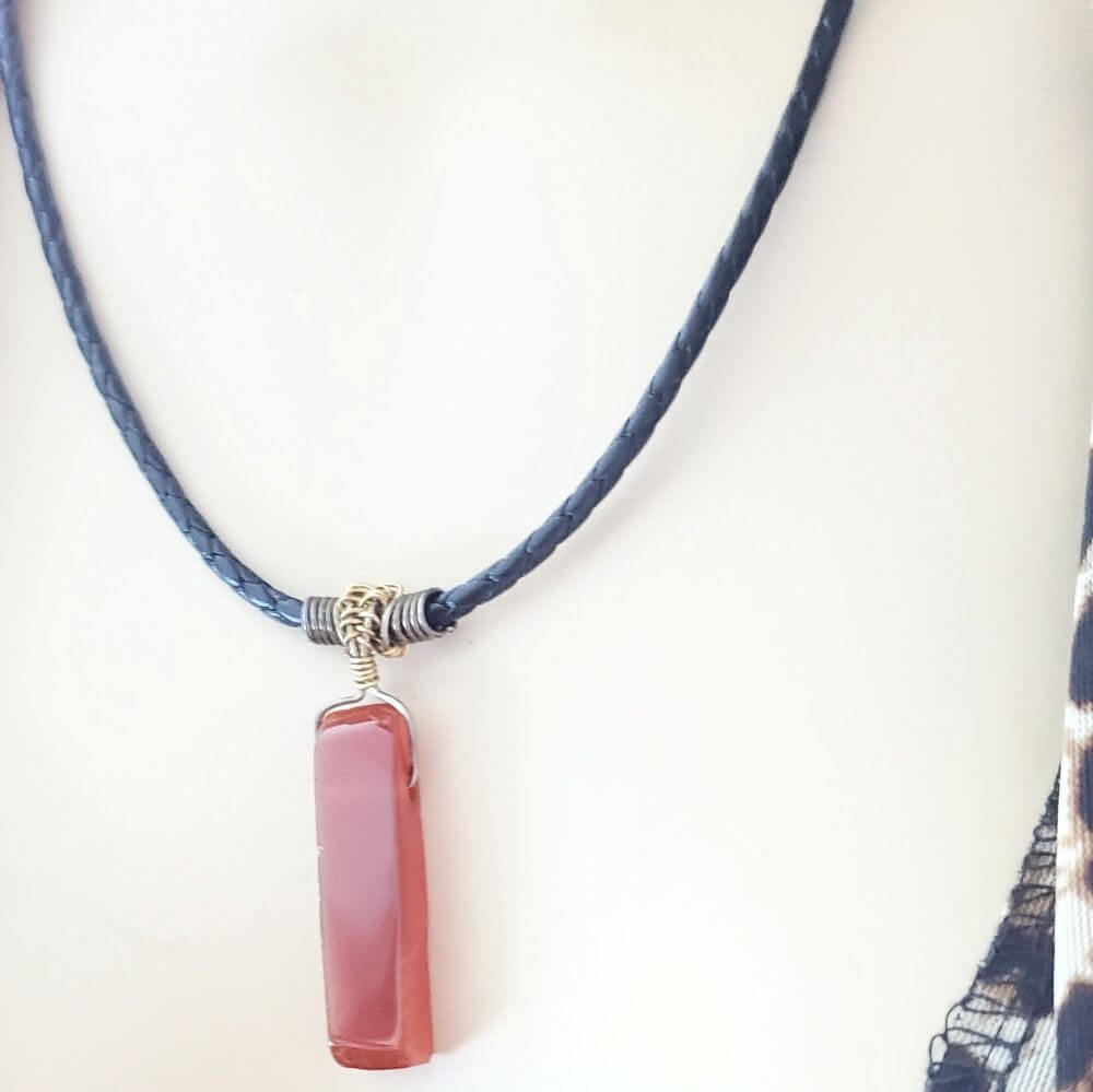 Raw Red Agate Wire Wrapped Bolo Necklace Handmade Rustic