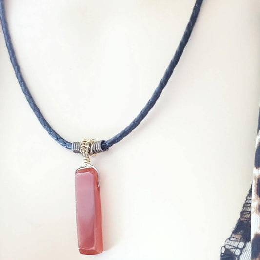 Raw Red Agate Wire Wrapped Bolo Necklace Handmade Rustic