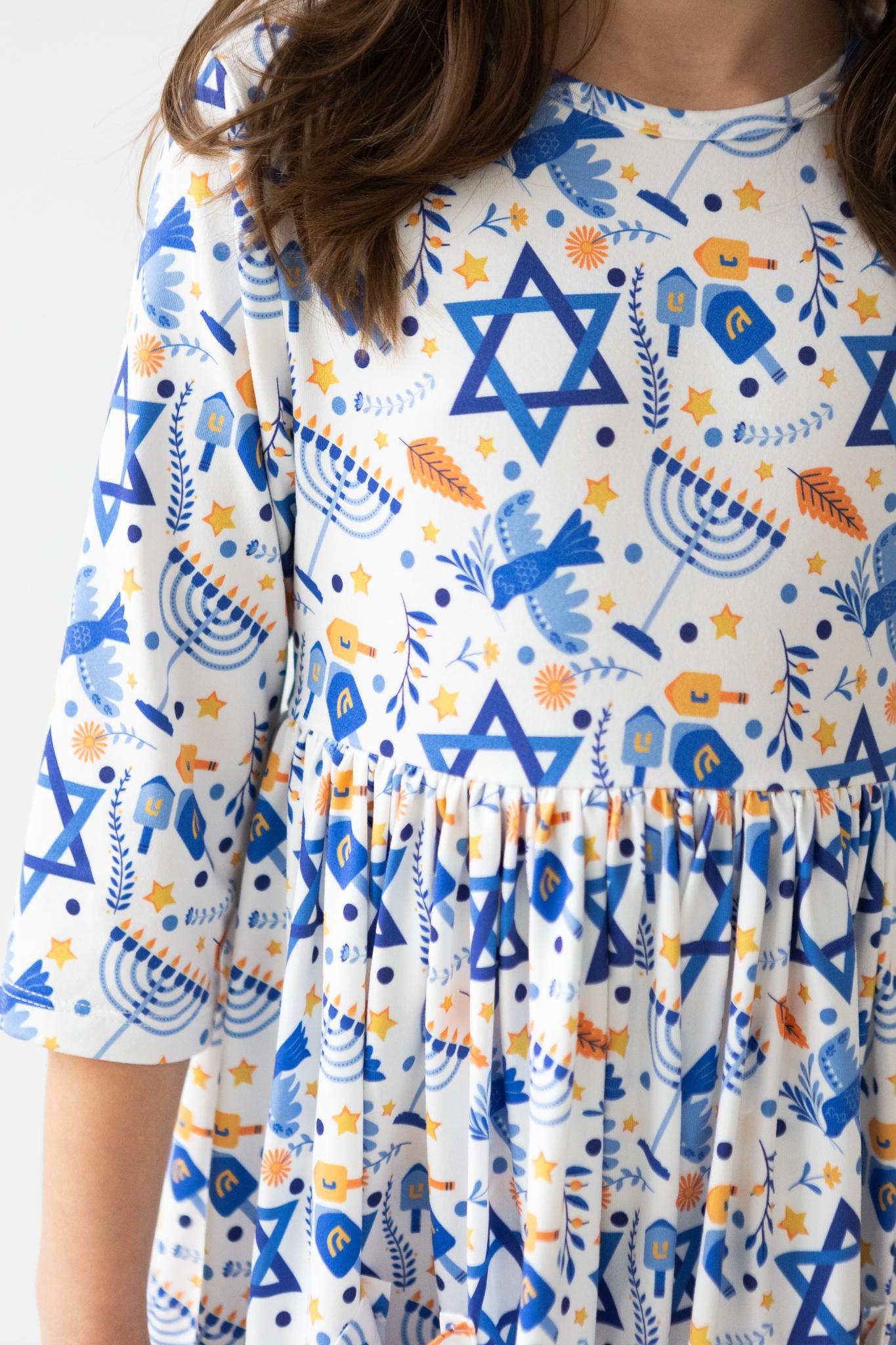 Happy Hanukkah 3/4 Sleeve Twirl Dress with Pocket Mila & Rose