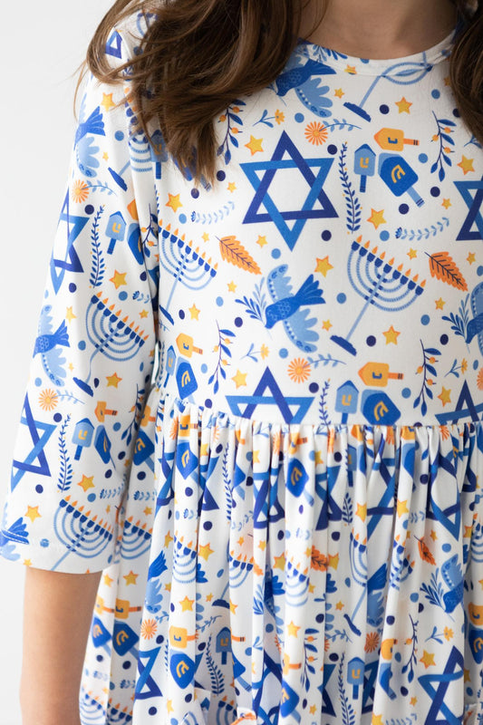 Happy Hanukkah 3/4 Sleeve Twirl Dress with Pocket Mila & Rose