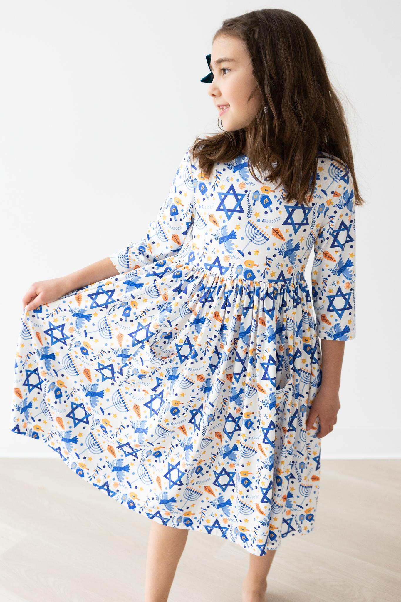 Happy Hanukkah 3/4 Sleeve Twirl Dress with Pocket Mila & Rose