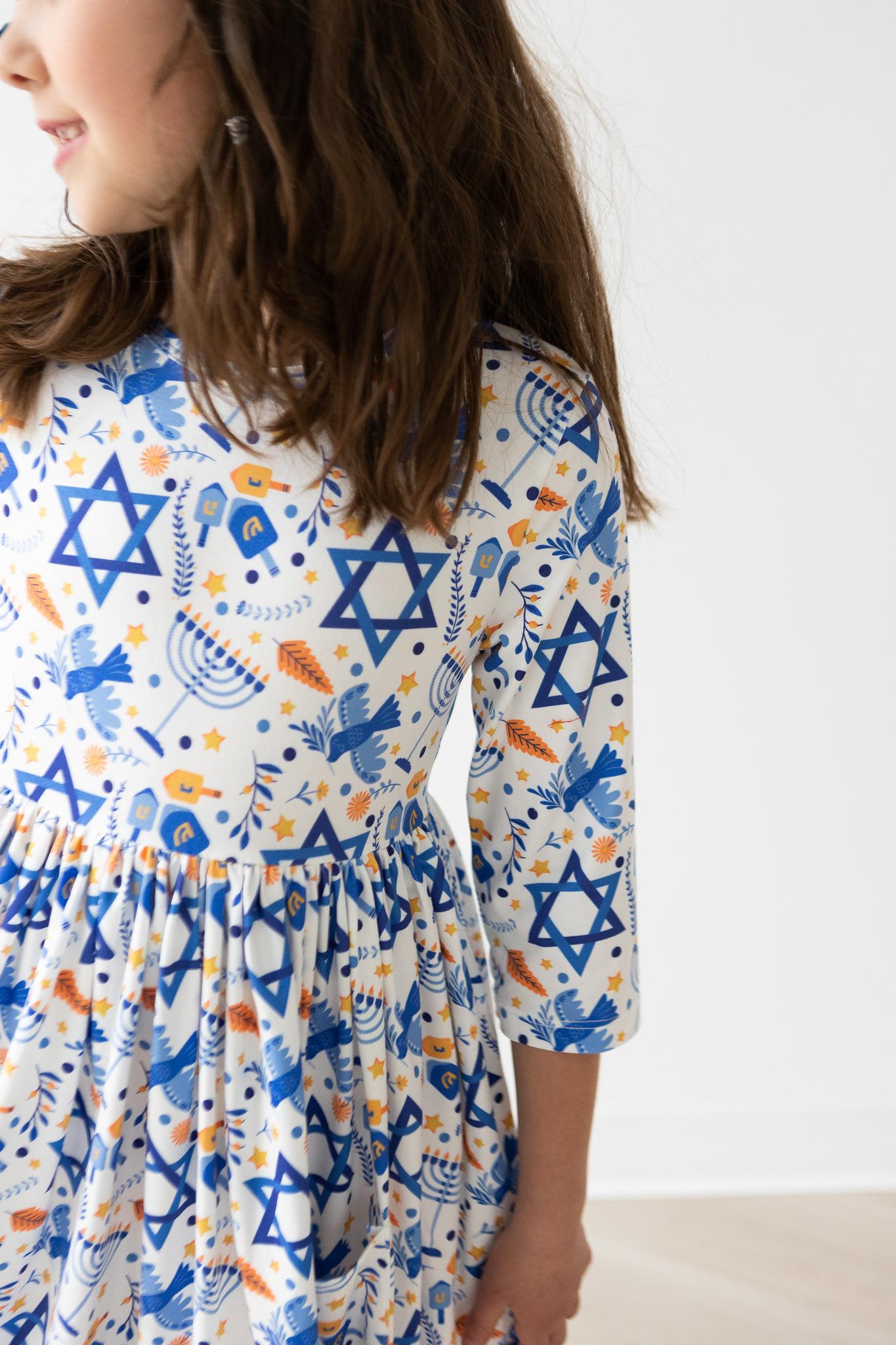 Happy Hanukkah 3/4 Sleeve Twirl Dress with Pocket Mila & Rose