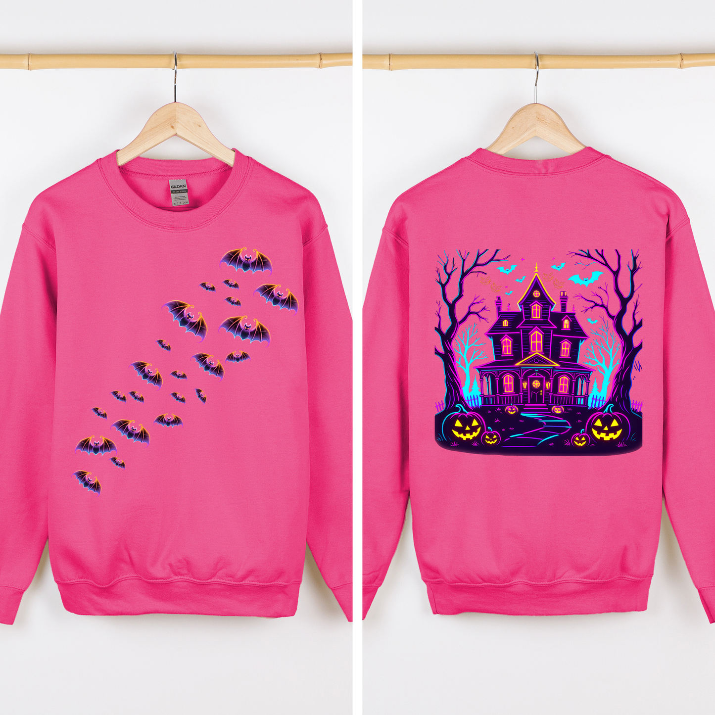 Haunted House Bright Colors Spooky Sweatshirt Halloween Front and Back