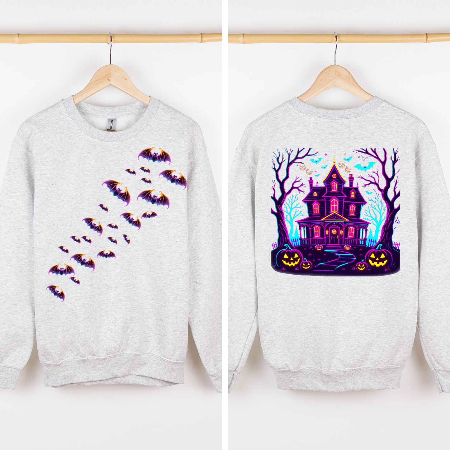 Haunted House Bright Colors Spooky Sweatshirt Halloween Front and Back