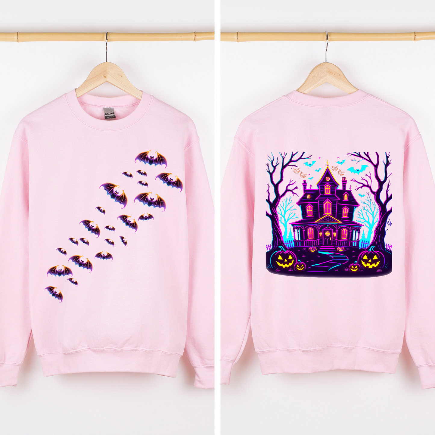 Haunted House Bright Colors Spooky Sweatshirt Halloween Front and Back