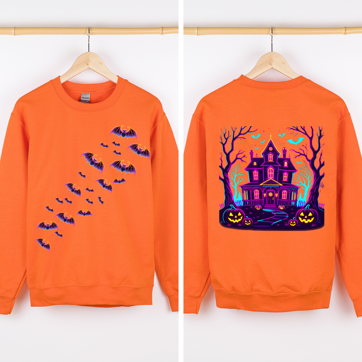 Haunted House Bright Colors Spooky Sweatshirt Halloween Front and Back