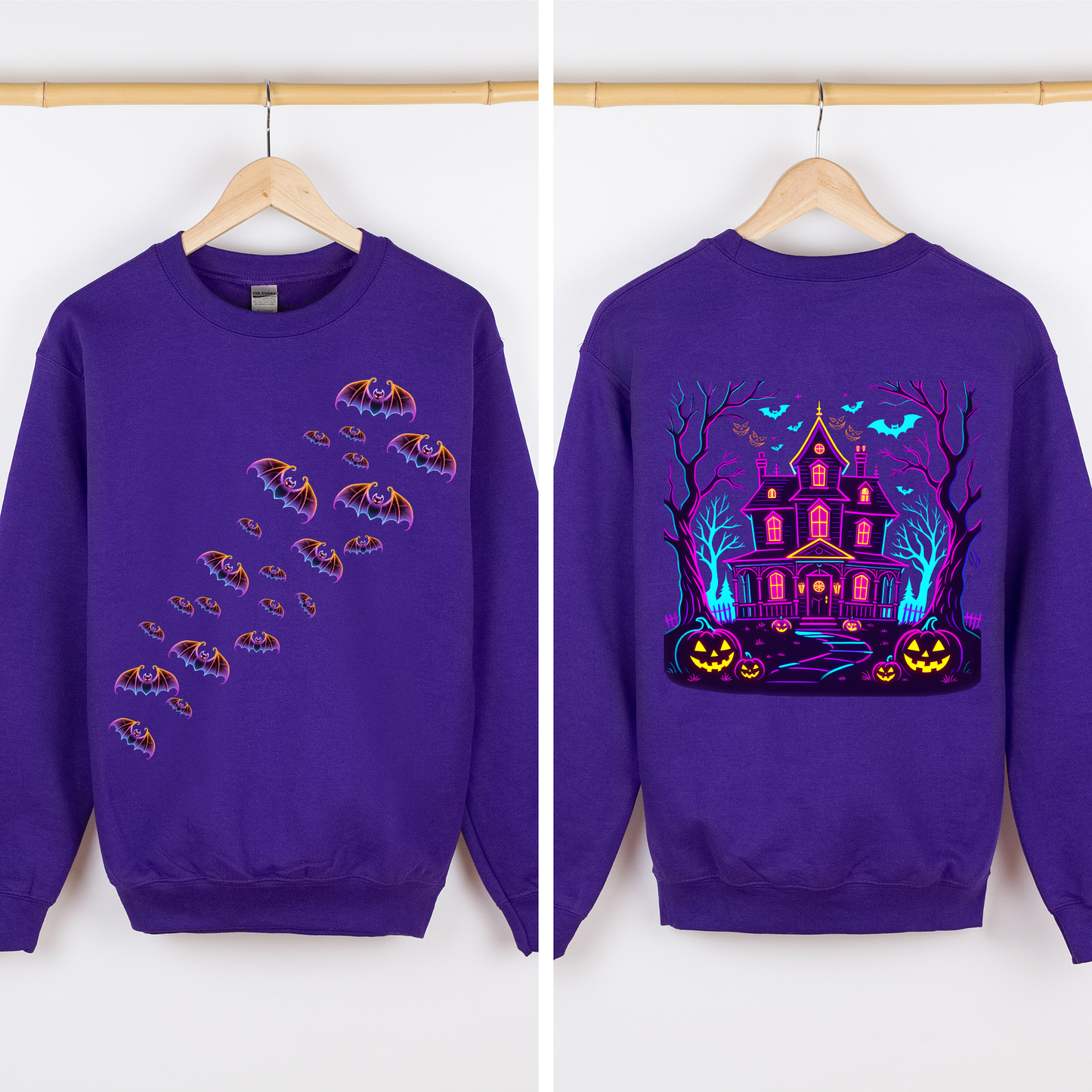 Haunted House Bright Colors Spooky Sweatshirt Halloween Front and Back