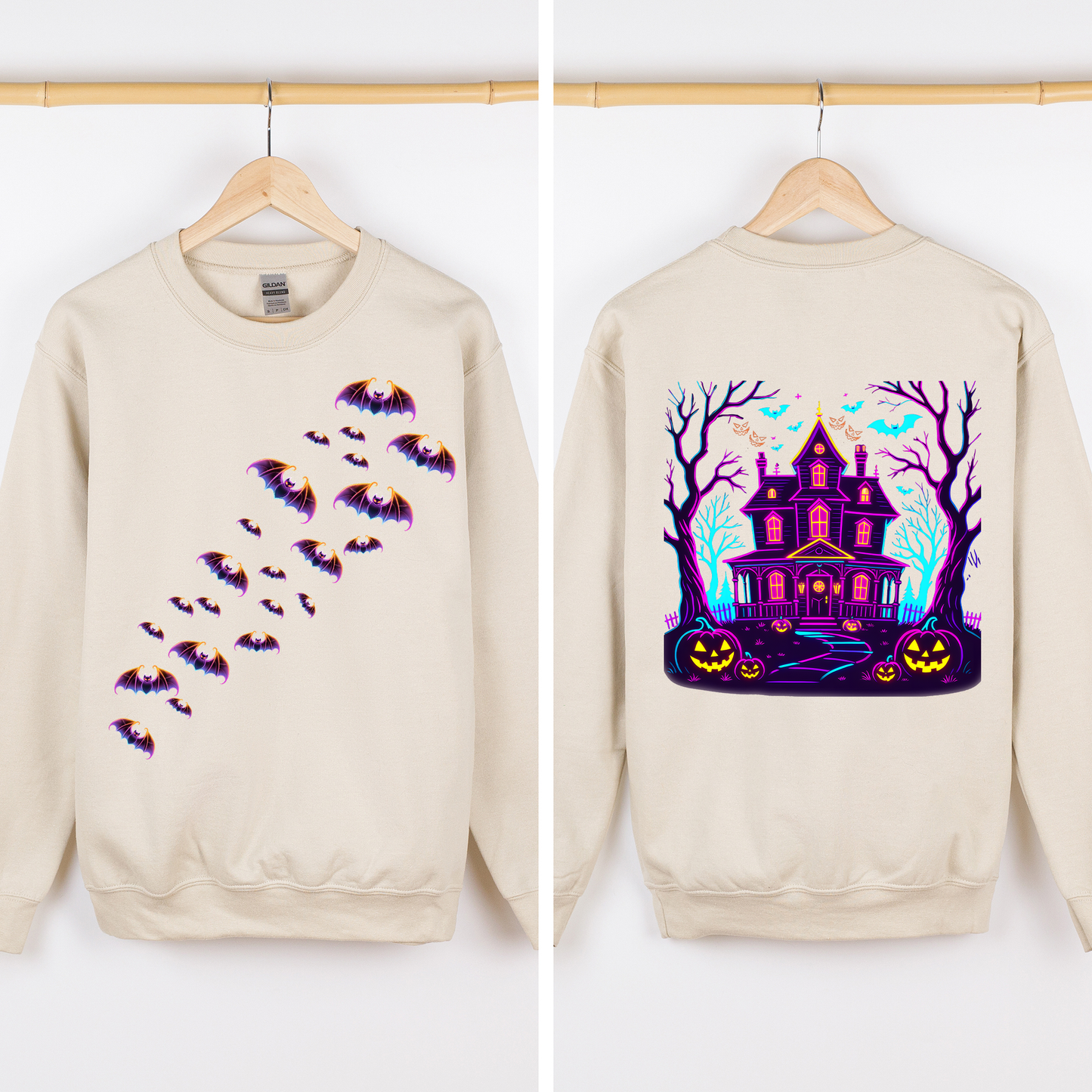 Haunted House Bright Colors Spooky Sweatshirt Halloween Front and Back