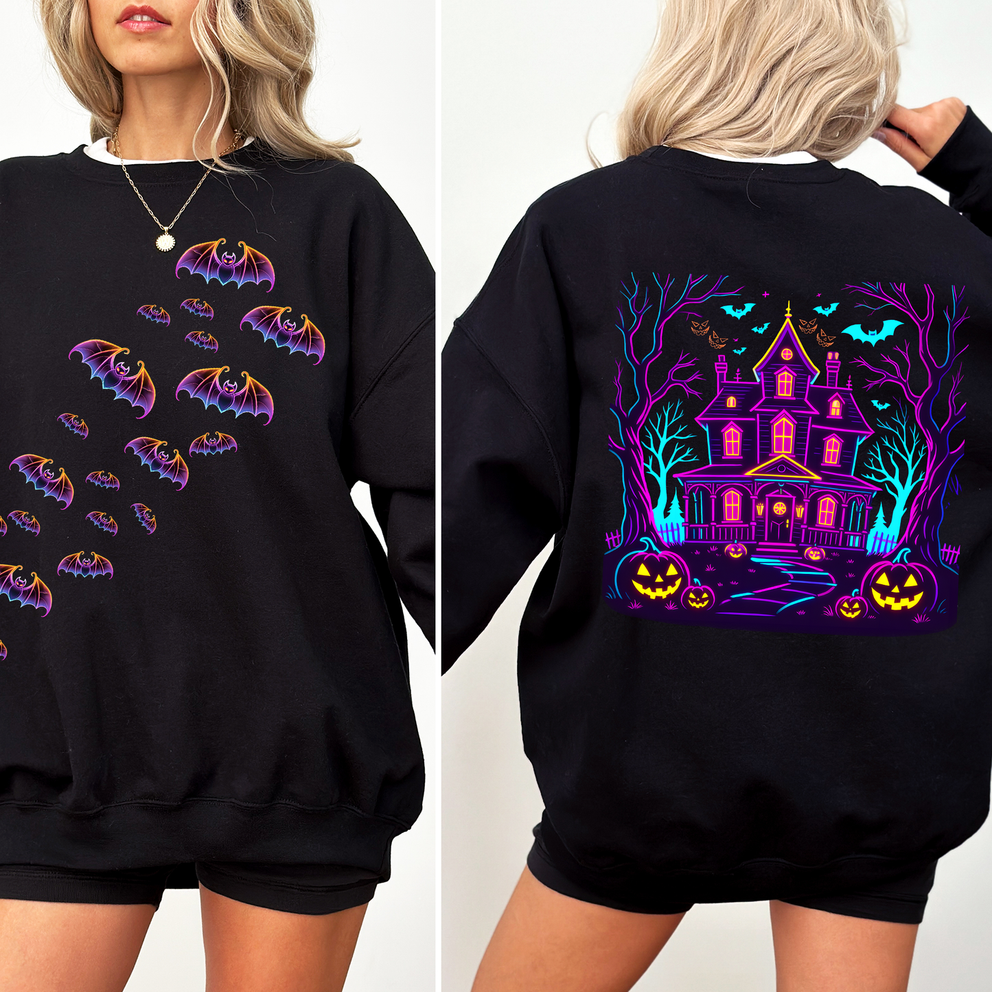 Haunted House Bright Colors Spooky Sweatshirt Halloween Front and Back