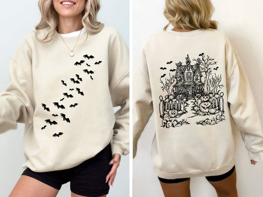 Haunted House Front and Back Retro Halloween Sweatshirt