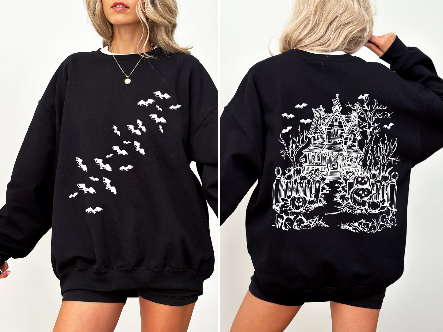 Haunted House Front and Back Retro Halloween Sweatshirt